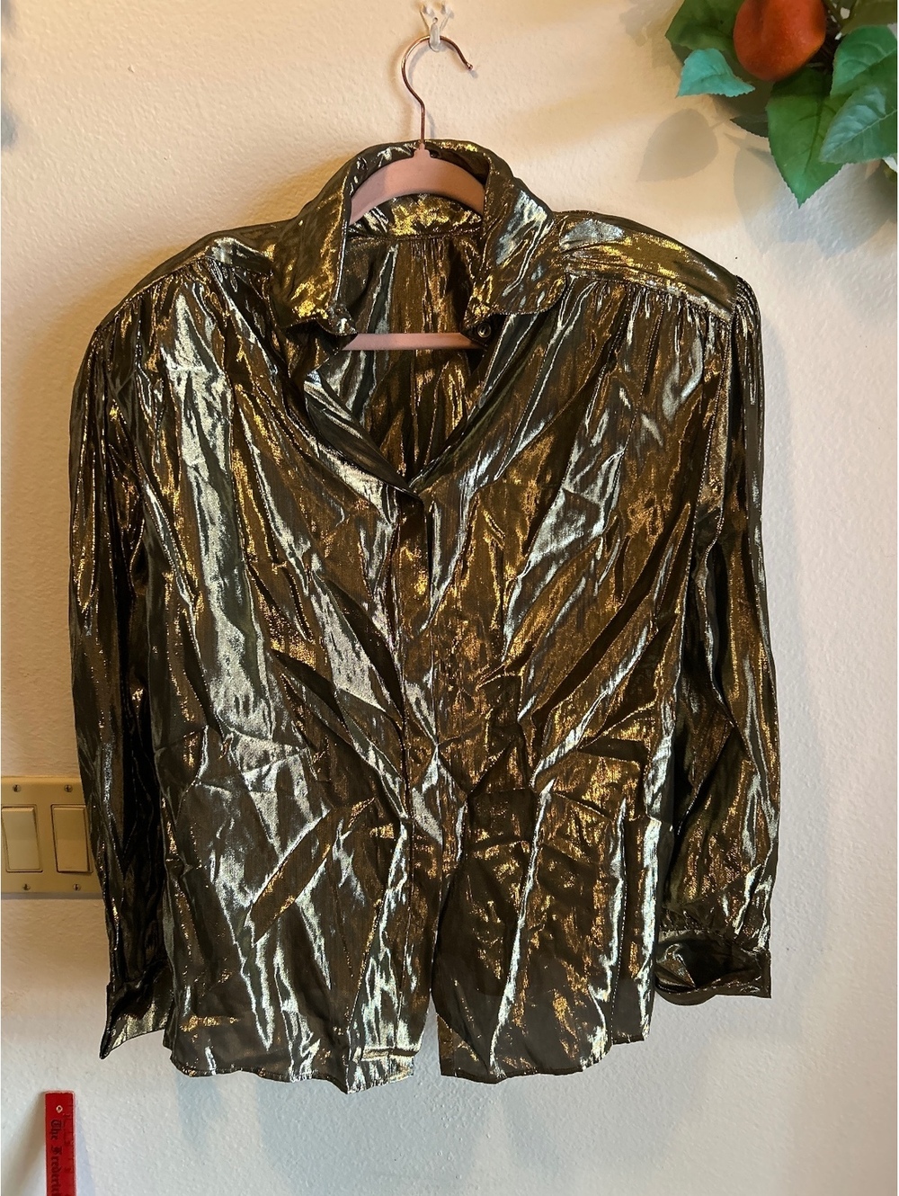 Vintage Metallic Gold Button-Up Blouse Size 10